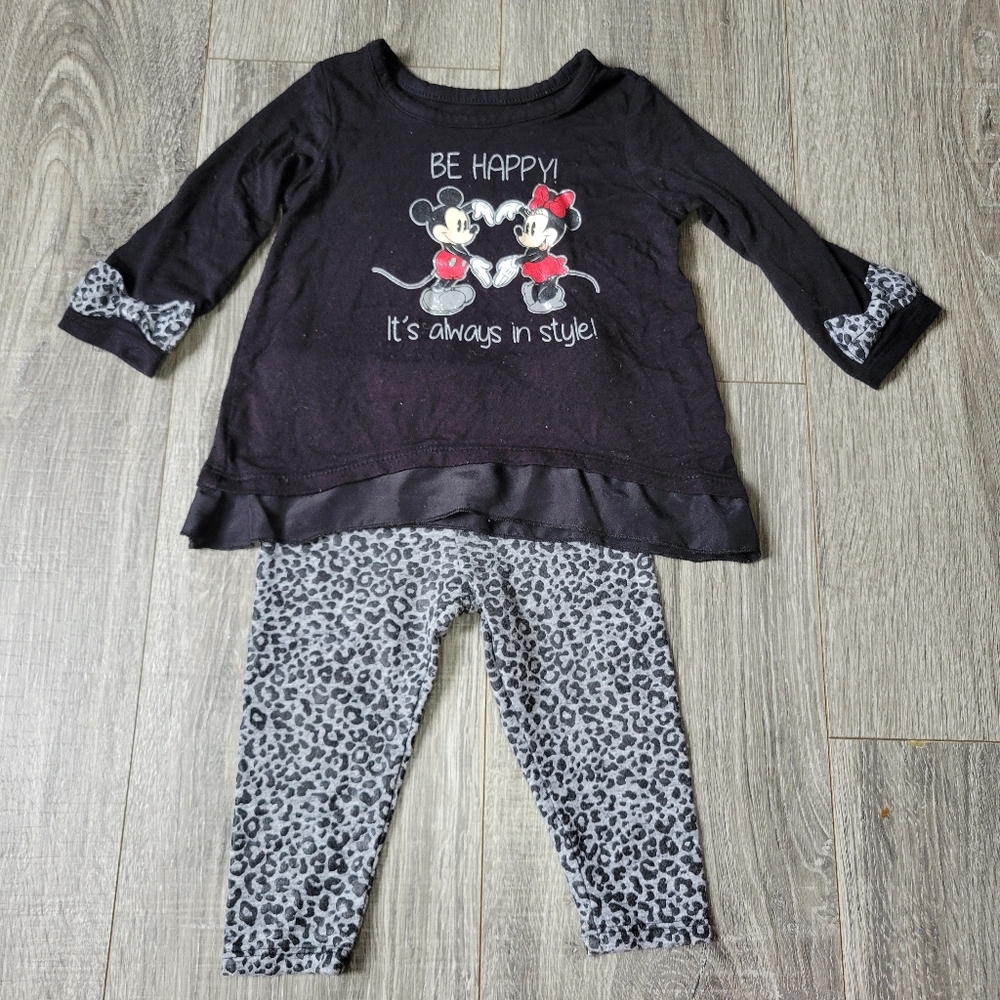 Baby Girls 2 pc Set Disney Minnie and Mickey Leopard Print Gray Black Red Bows